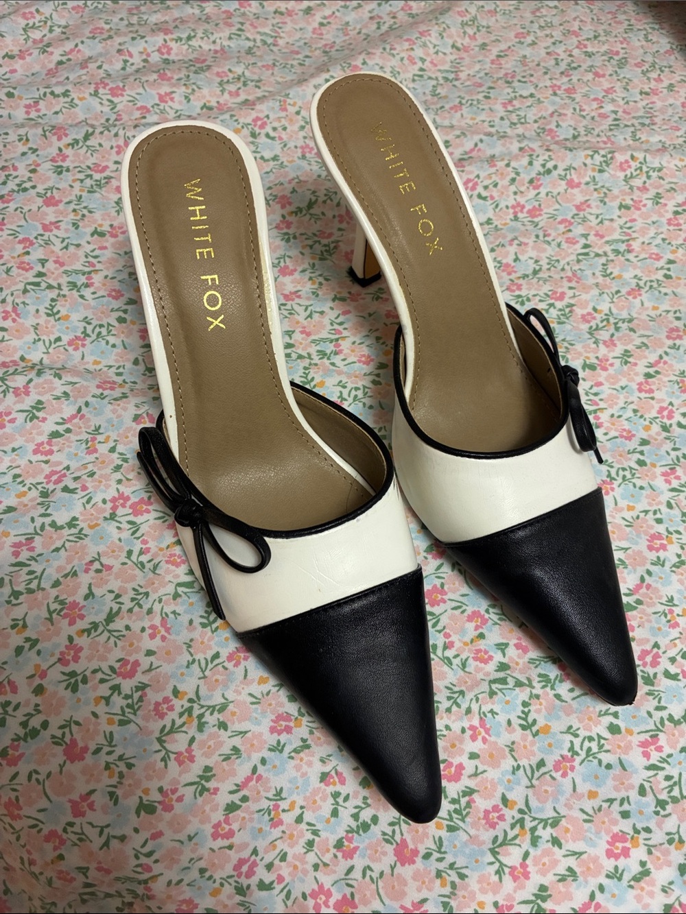 White Fox Boutique Black & White Pointed Mule Heels with Bow